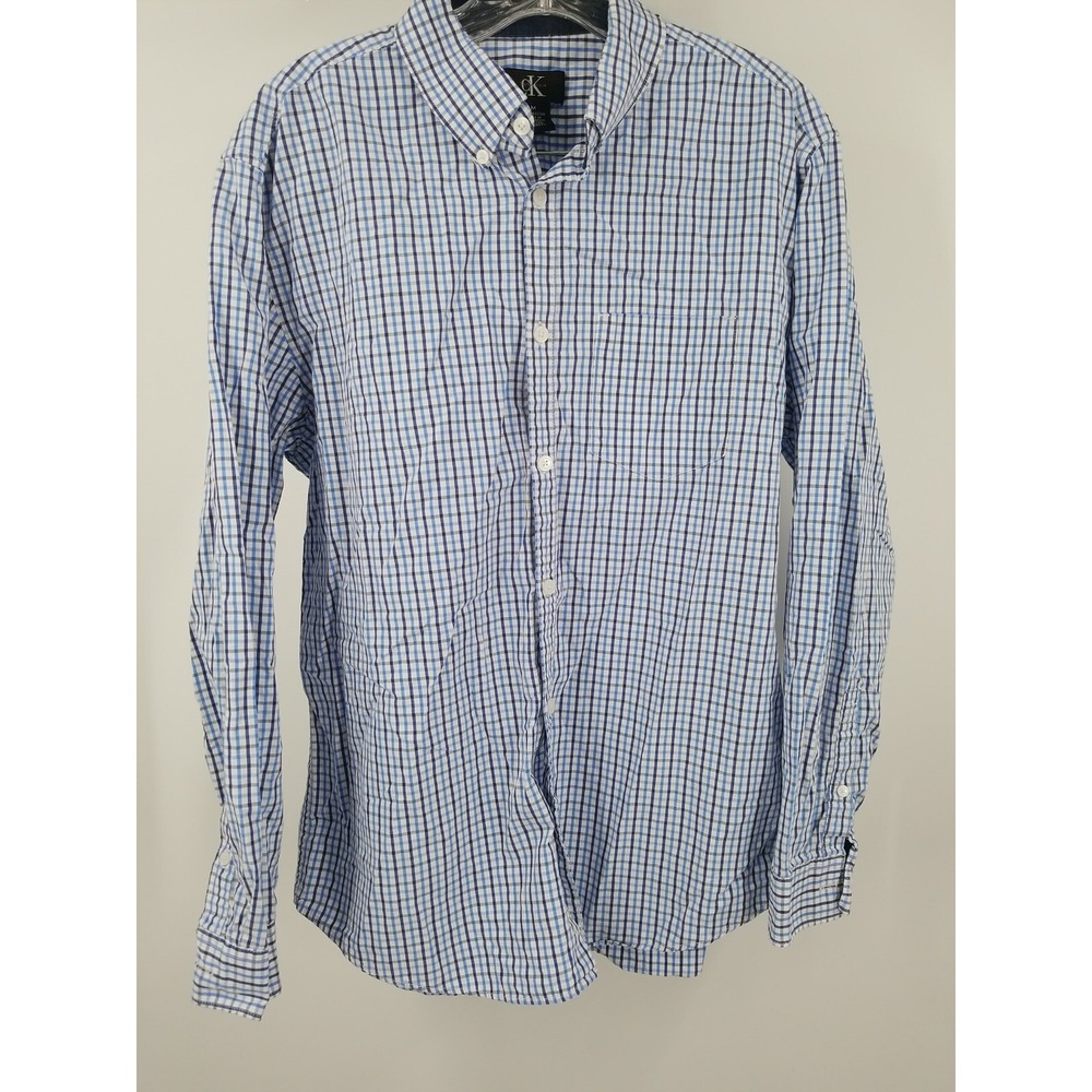 Calvin Klein Mens Button Down Shirt Plaid Long Sleeve M White Blue Cotton
